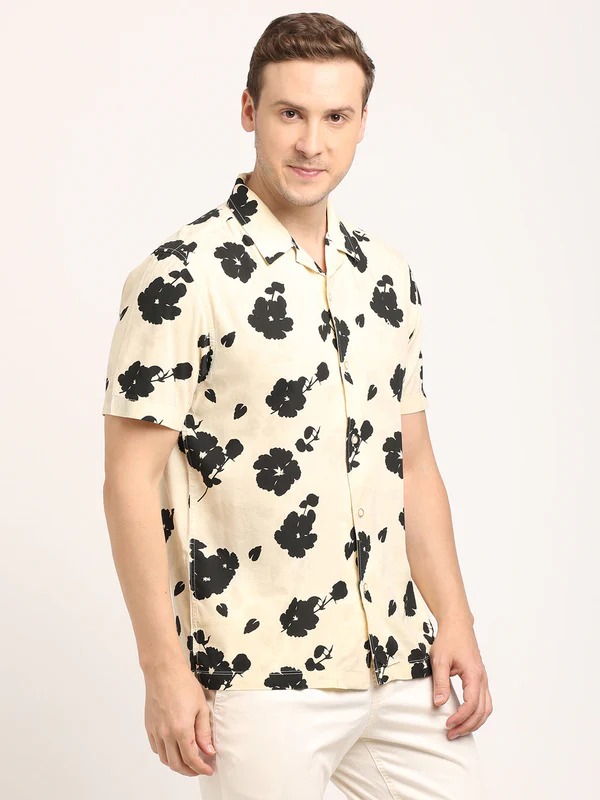 Indian Terrain Men's Slim Fit Half Sleeve All Over Print Beige Shirt